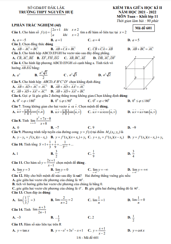 Đề thi giữa học kì 2 (HK2) lớp 11 môn Toán năm 2021 2022 trường THPT Nguyễn Huệ Đắk Lắk