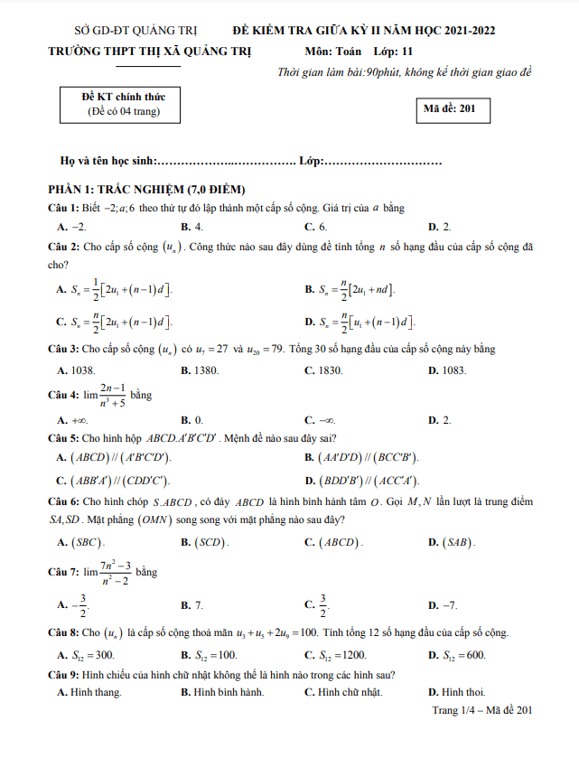 Đề thi giữa học kì 2 (HK2) lớp 11 môn Toán năm 2021 2022 trường THPT Thị xã Quảng Trị