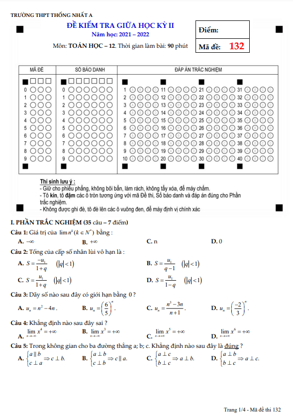 Đề thi giữa học kì 2 (HK2) lớp 11 môn Toán năm 2021 2022 trường THPT Thống Nhất A Đồng Nai