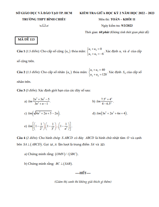 Đề thi giữa học kì 2 (HK2) lớp 11 môn Toán năm 2022 2023 trường THPT Bình Chiểu TP HCM