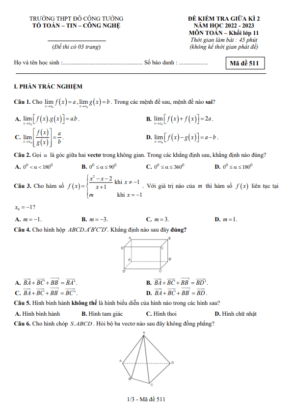 Đề thi giữa học kì 2 (HK2) lớp 11 môn Toán năm 2022 2023 trường THPT Đỗ Công Tường Đồng Tháp