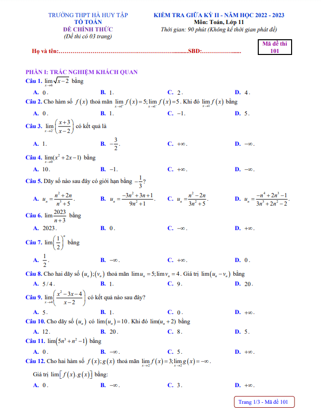 Đề thi giữa học kì 2 (HK2) lớp 11 môn Toán năm 2022 2023 trường THPT Hà Huy Tập Nghệ An
