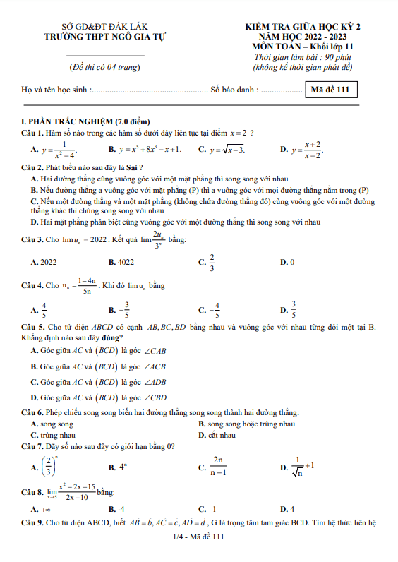 Đề thi giữa học kì 2 (HK2) lớp 11 môn Toán năm 2022 2023 trường THPT Ngô Gia Tự Đắk Lắk