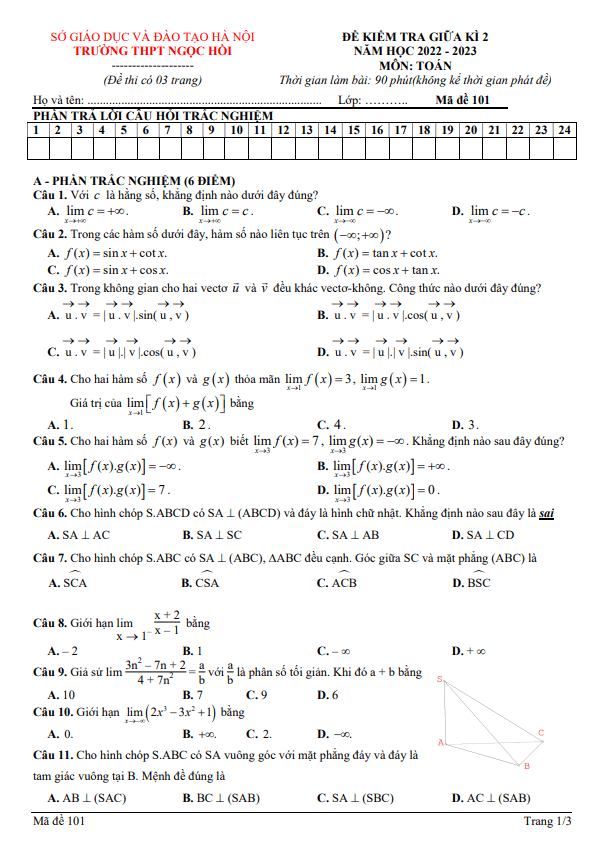 Đề thi giữa học kì 2 (HK2) lớp 11 môn Toán năm 2022 2023 trường THPT Ngọc Hồi Hà Nội