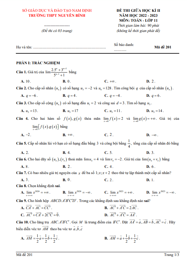 Đề thi giữa học kì 2 (HK2) lớp 11 môn Toán năm 2022 2023 trường THPT Nguyễn Bính Nam Định