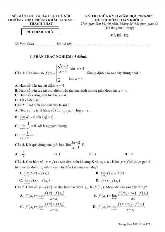 Đề thi giữa học kì 2 (HK2) lớp 11 môn Toán năm 2022 2023 trường THPT Phùng Khắc Khoan Hà Nội