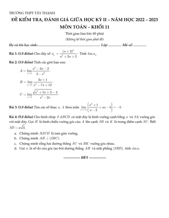 Đề thi giữa học kì 2 (HK2) lớp 11 môn Toán năm 2022 2023 trường THPT Tây Thạnh TP HCM