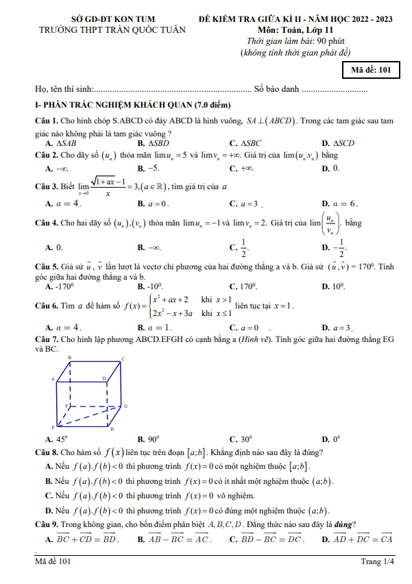 Đề thi giữa học kì 2 (HK2) lớp 11 môn Toán năm 2022 2023 trường THPT Trần Quốc Tuấn Kon Tum