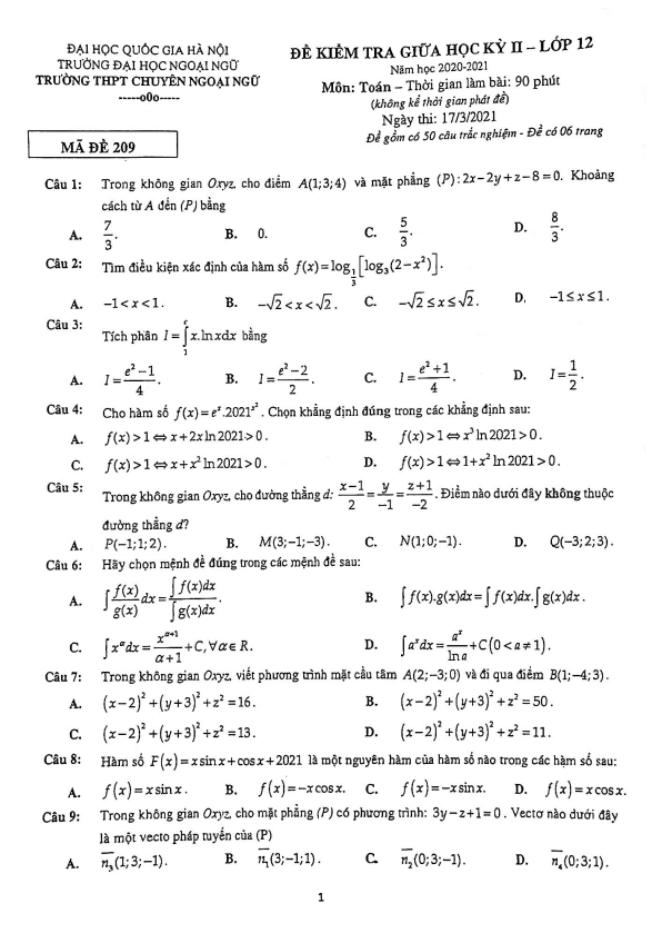 Đề thi giữa học kì 2 (HK2) lớp 12 môn Toán năm 2020 2021 trường chuyên Ngoại Ngữ Hà Nội
