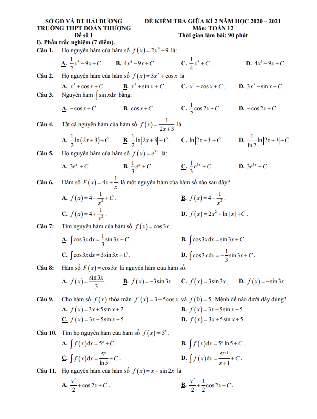 Đề thi giữa học kì 2 (HK2) lớp 12 môn Toán năm 2020 2021 trường Đoàn Thượng Hải Dương