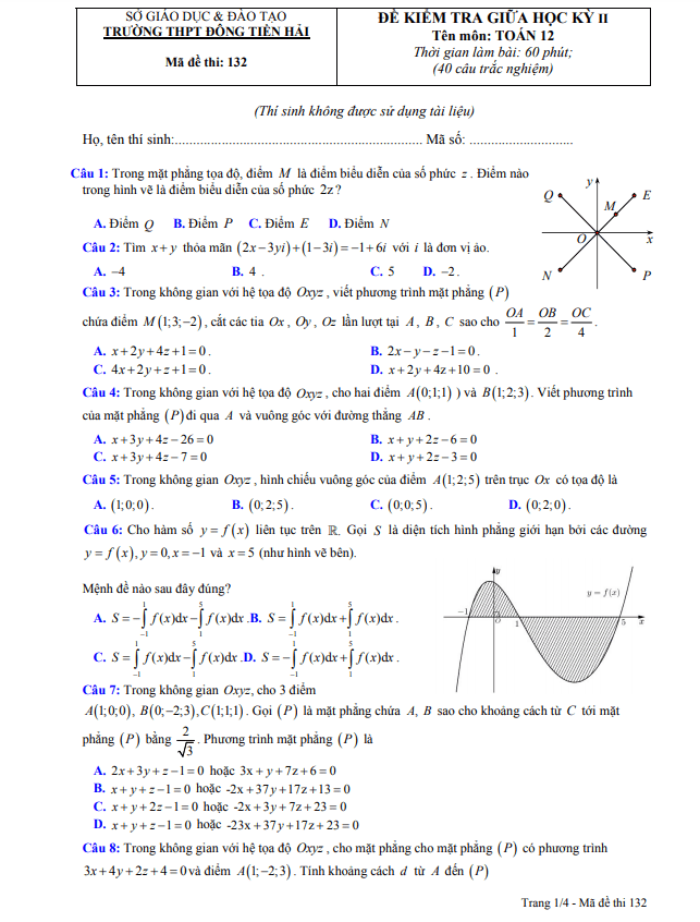 Đề thi giữa học kì 2 (HK2) lớp 12 môn Toán năm 2020 2021 trường Đông Tiền Hải Thái Bình