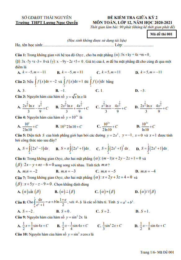 Đề thi giữa học kì 2 (HK2) lớp 12 môn Toán năm 2020 2021 trường Lương Ngọc Quyến Thái Nguyên