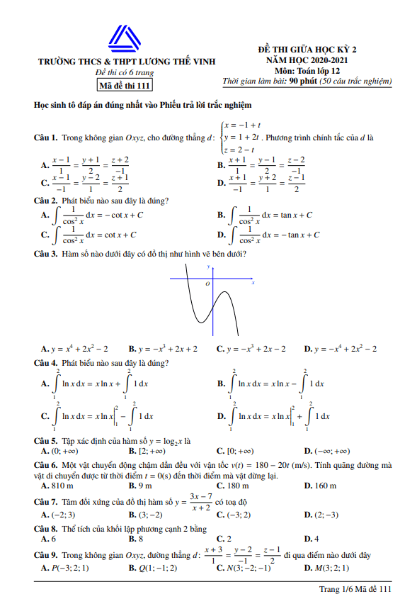 Đề thi giữa học kì 2 (HK2) lớp 12 môn Toán năm 2020 2021 trường Lương Thế Vinh Hà Nội