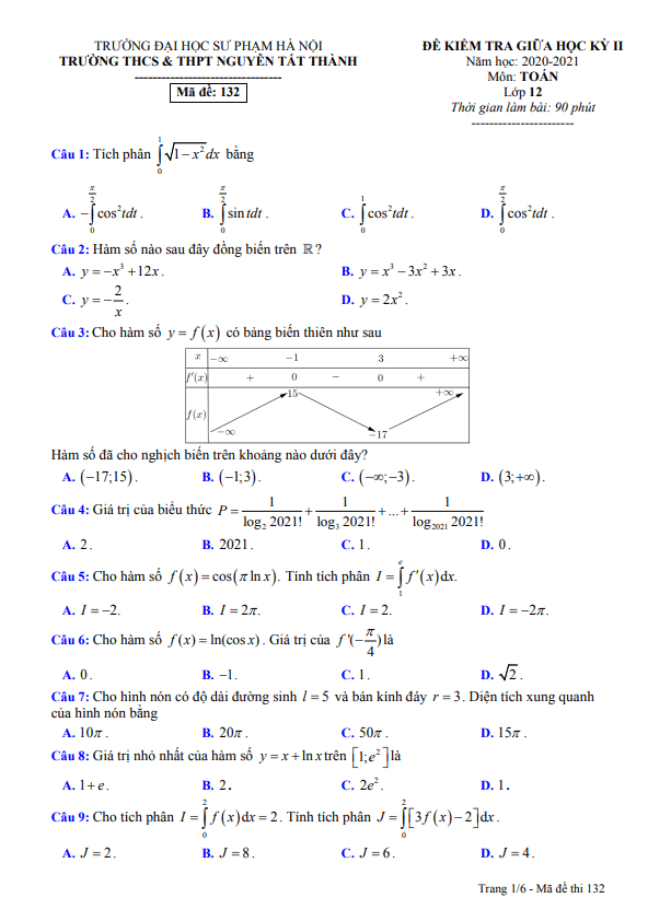 Đề thi giữa học kì 2 (HK2) lớp 12 môn Toán năm 2020 2021 trường Nguyễn Tất Thành Hà Nội