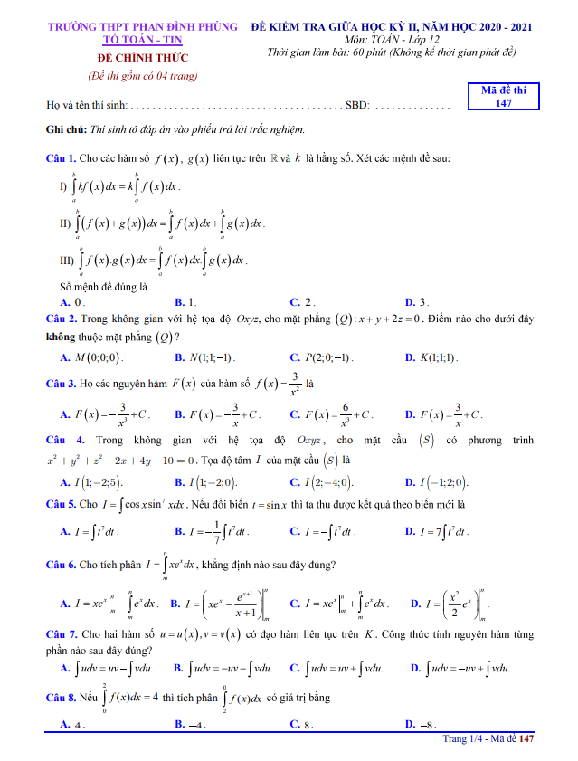 Đề thi giữa học kì 2 (HK2) lớp 12 môn Toán năm 2020 2021 trường Phan Đình Phùng Hà Nội