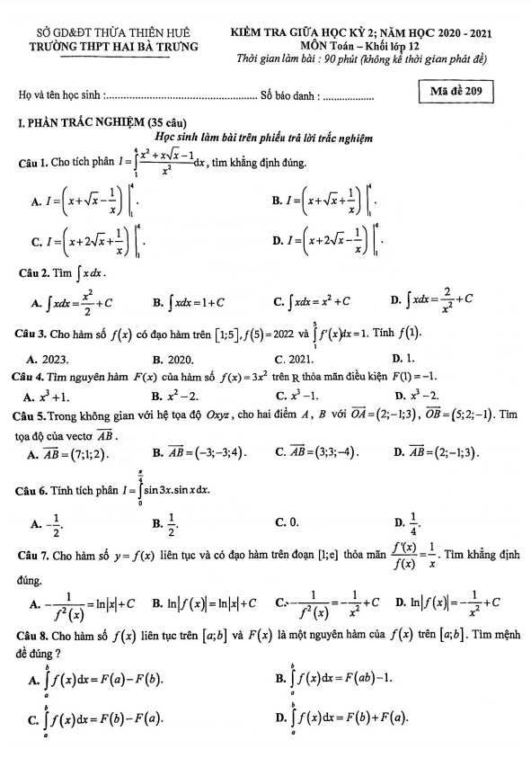 Đề thi giữa học kì 2 (HK2) lớp 12 môn Toán năm 2020 2021 trường THPT Hai Bà Trưng TT Huế