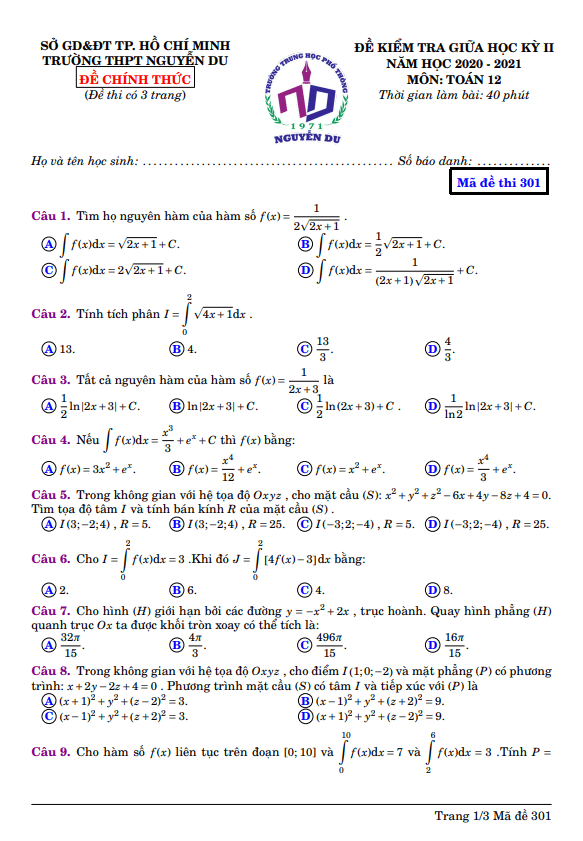 Đề thi giữa học kì 2 (HK2) lớp 12 môn Toán năm 2020 2021 trường THPT Nguyễn Du TP HCM