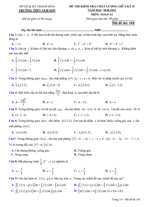 Đề thi giữa học kì 2 (HK2) lớp 12 môn Toán năm 2020 2021 trường THPT Sầm Sơn Thanh Hóa