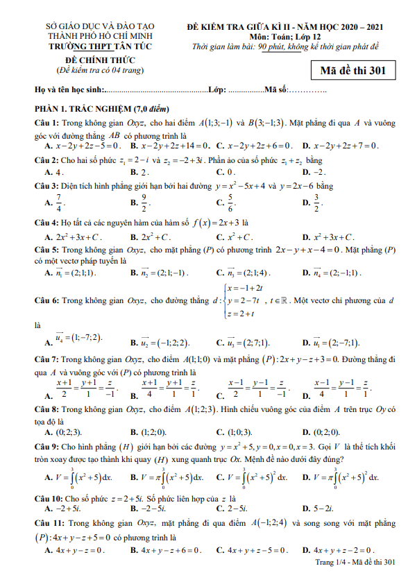 Đề thi giữa học kì 2 (HK2) lớp 12 môn Toán năm 2020 2021 trường THPT Tân Túc TP HCM