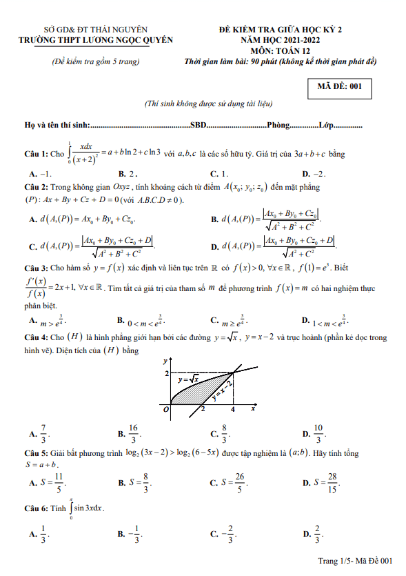 Đề thi giữa học kì 2 (HK2) lớp 12 môn Toán năm 2021 2022 trường Lương Ngọc Quyến Thái Nguyên