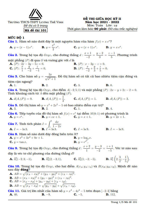 Đề thi giữa học kì 2 (HK2) lớp 12 môn Toán năm 2021 2022 trường Lương Thế Vinh Hà Nội