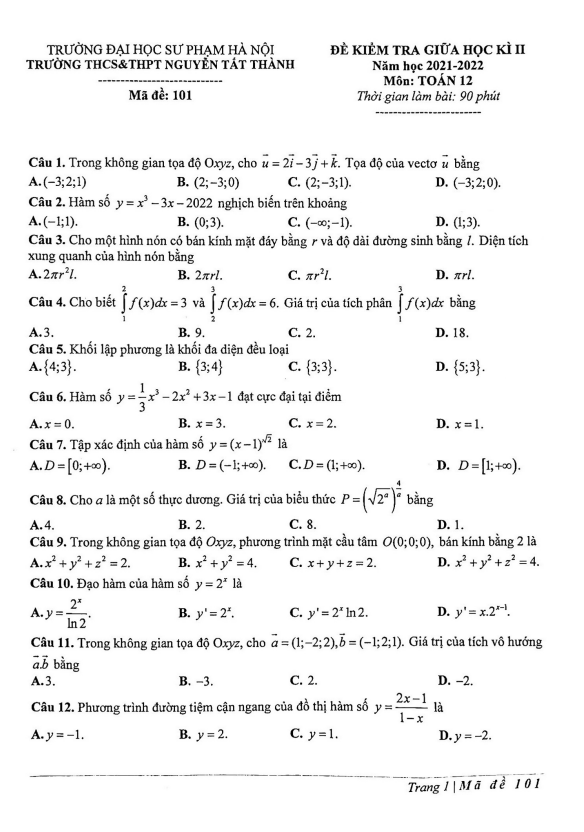 Đề thi giữa học kì 2 (HK2) lớp 12 môn Toán năm 2021 2022 trường Nguyễn Tất Thành Hà Nội