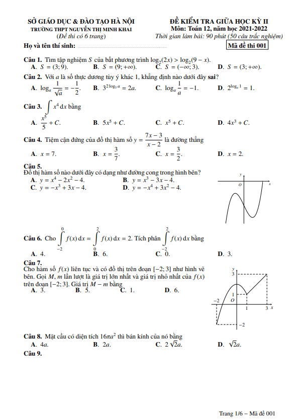 Đề thi giữa học kì 2 (HK2) lớp 12 môn Toán năm 2021 2022 trường Nguyễn Thị Minh Khai Hà Nội