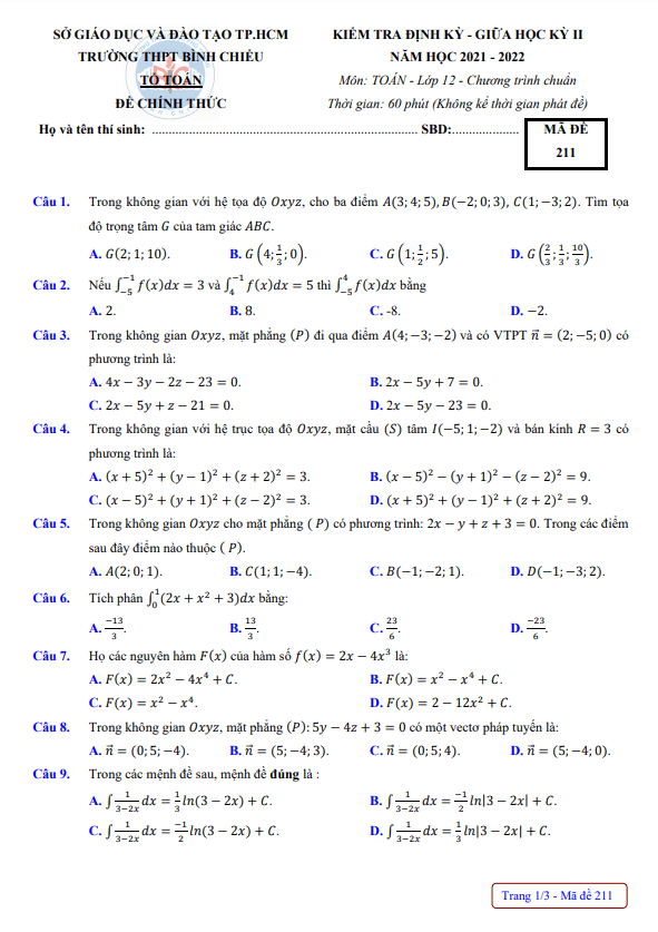 Đề thi giữa học kì 2 (HK2) lớp 12 môn Toán năm 2021 2022 trường THPT Bình Chiểu TP HCM