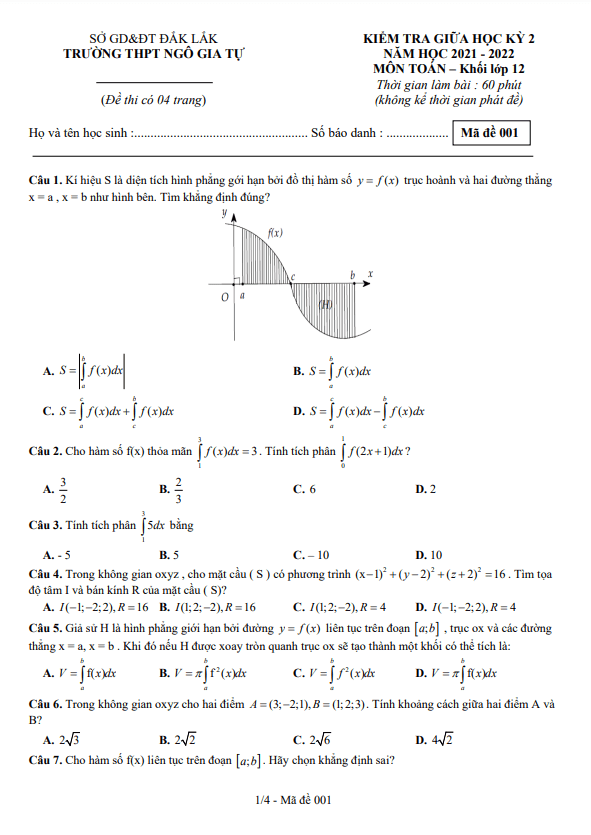 Đề thi giữa học kì 2 (HK2) lớp 12 môn Toán năm 2021 2022 trường THPT Ngô Gia Tự Đắk Lắk