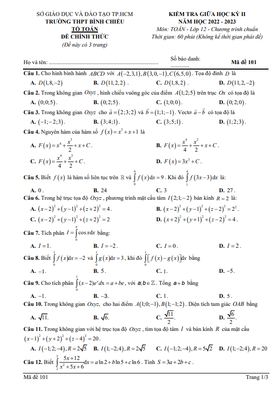 Đề thi giữa học kì 2 (HK2) lớp 12 môn Toán năm 2022 2023 trường THPT Bình Chiểu TP HCM