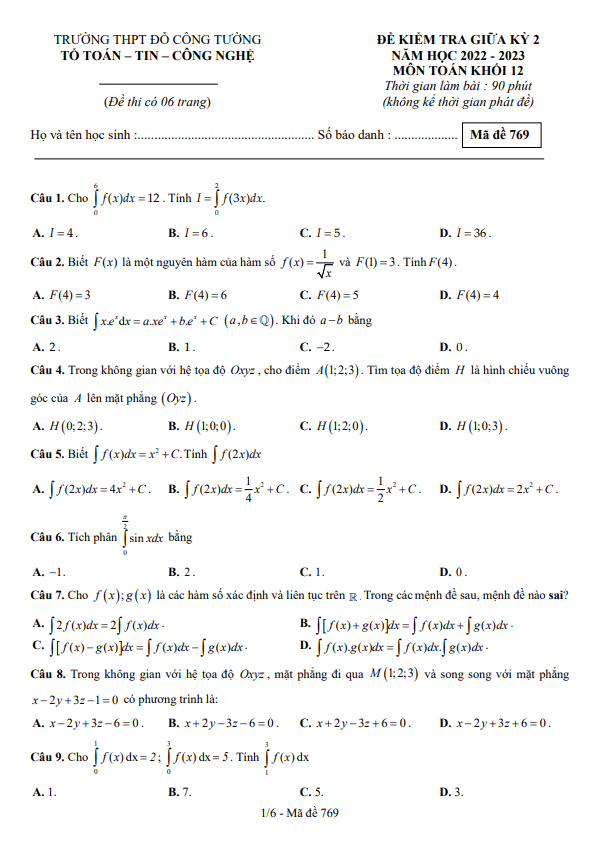 Đề thi giữa học kì 2 (HK2) lớp 12 môn Toán năm 2022 2023 trường THPT Đỗ Công Tường Đồng Tháp