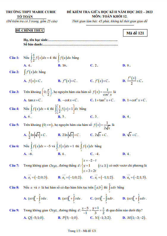 Đề thi giữa học kì 2 (HK2) lớp 12 môn Toán năm 2022 2023 trường THPT Marie Curie TP HCM