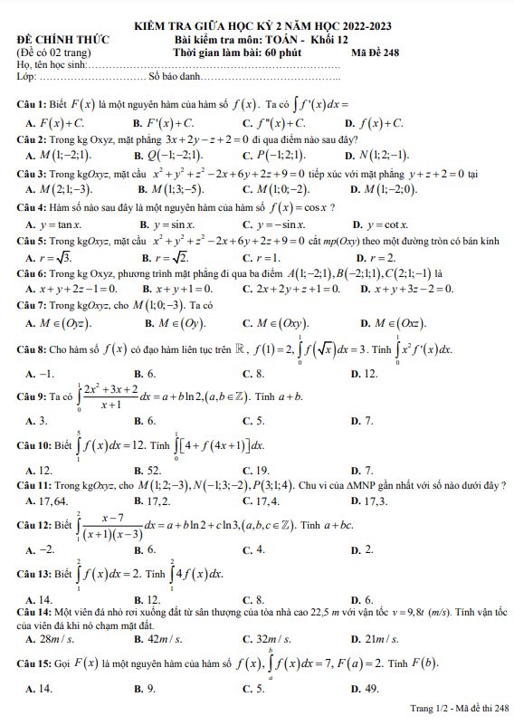 Đề thi giữa học kì 2 (HK2) lớp 12 môn Toán năm 2022 2023 trường THPT Nguyễn Tất Thành TP HCM