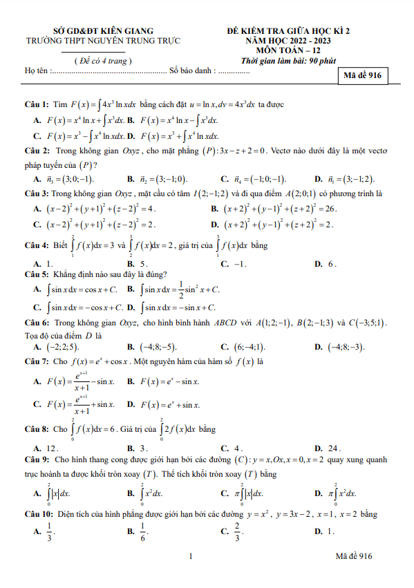 Đề thi giữa học kì 2 (HK2) lớp 12 môn Toán năm 2022 2023 trường THPT Nguyễn Trung Trực Kiên Giang