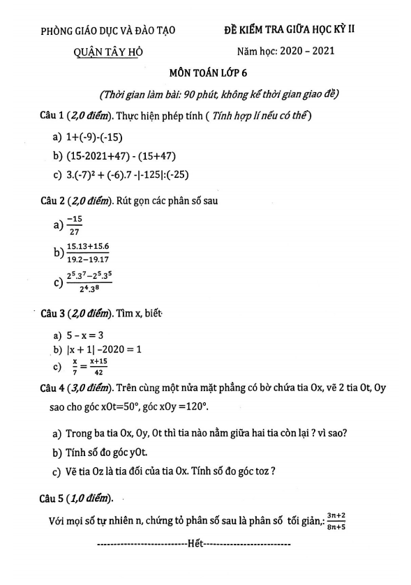 Đề thi giữa học kì 2 (HK2) lớp 6 môn Toán năm 2020 2021 phòng GD ĐT Tây Hồ Hà Nội