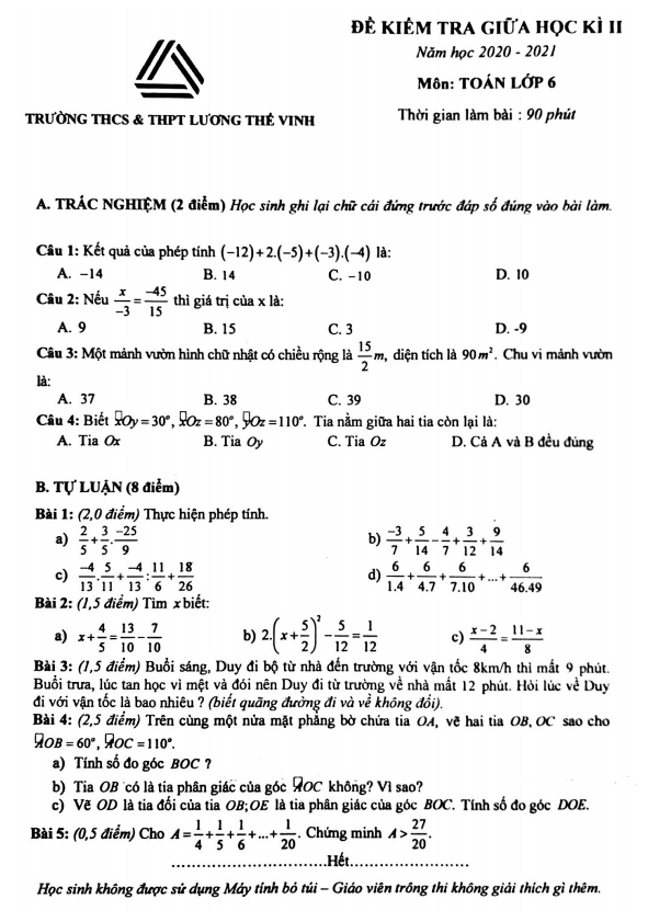 Đề thi giữa học kì 2 (HK2) lớp 6 môn Toán năm 2020 2021 trường Lương Thế Vinh Hà Nội