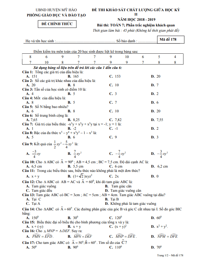 Đề thi giữa học kì 2 (HK2) lớp 7 môn Toán năm 2018 2019 phòng GD ĐT Mỹ Hào Hưng Yên