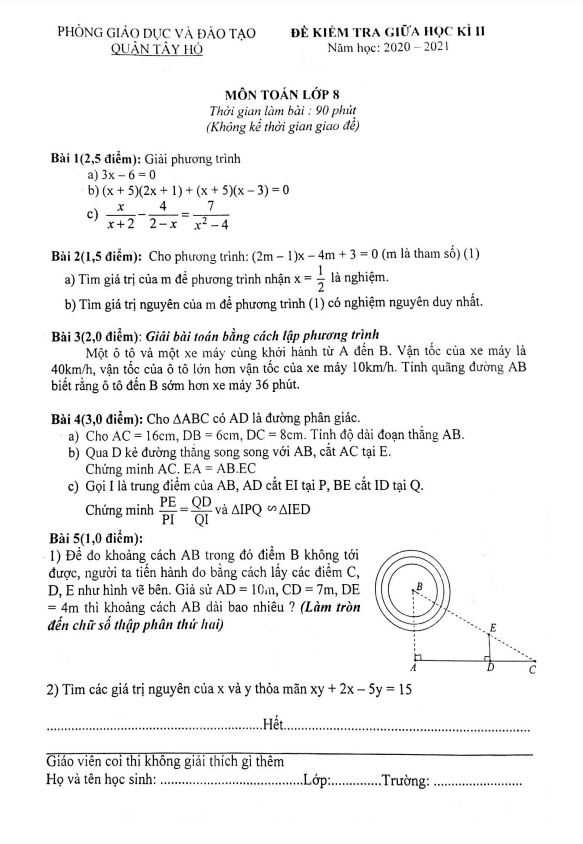 Đề thi giữa học kì 2 (HK2) lớp 8 môn Toán năm 2020 2021 phòng GD ĐT Tây Hồ Hà Nội