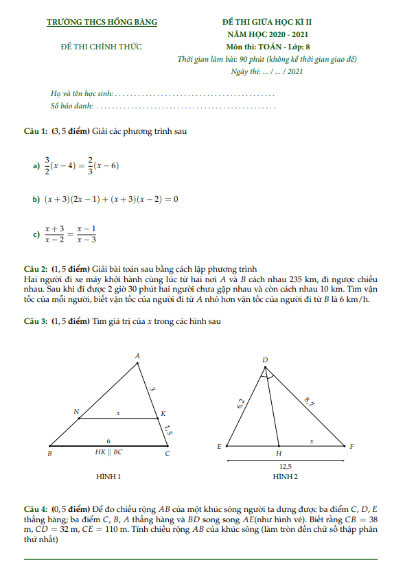 Đề thi giữa học kì 2 (HK2) lớp 8 môn Toán năm 2020 2021 trường THCS Hồng Bàng TP HCM