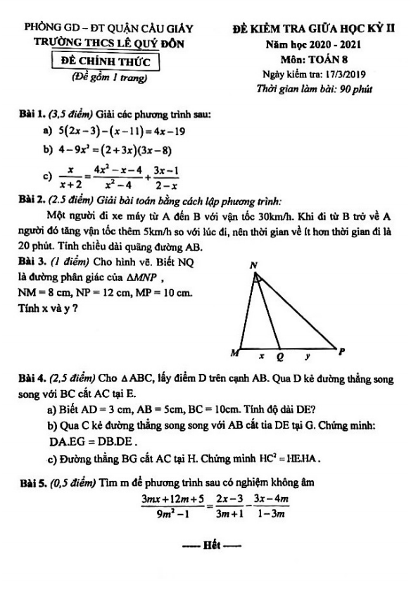 Đề thi giữa học kì 2 (HK2) lớp 8 môn Toán năm 2020 2021 trường THCS Lê Quý Đôn Hà Nội
