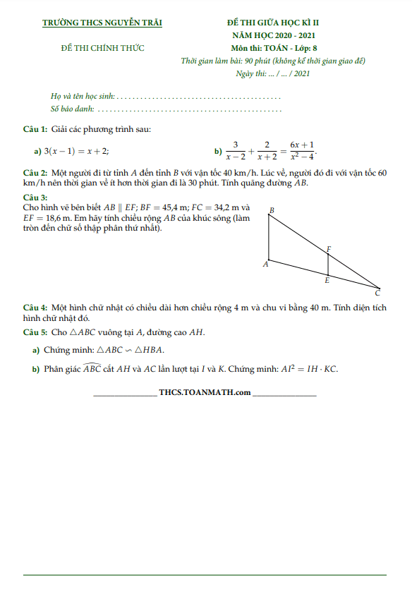 Đề thi giữa học kì 2 (HK2) lớp 8 môn Toán năm 2020 2021 trường THCS Nguyễn Trãi TP HCM