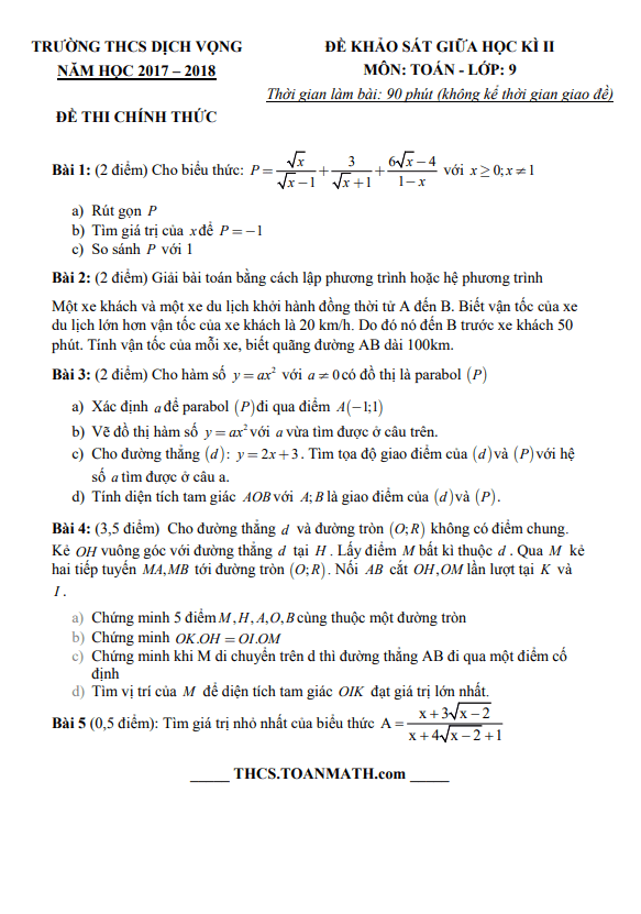 Đề thi giữa học kì 2 (HK2) lớp 9 môn Toán năm 2017 2018 trường THCS Dịch Vọng Hà Nội