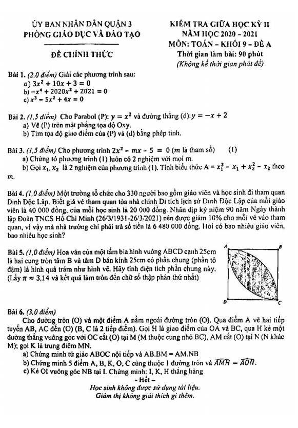 Đề thi giữa học kì 2 (HK2) lớp 9 môn Toán năm 2020 2021 phòng GD ĐT Quận 3 TP HCM