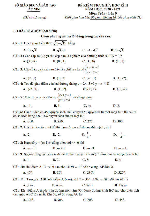 Đề thi giữa học kì 2 (HK2) lớp 9 môn Toán năm 2020 2021 sở GD ĐT Bắc Ninh