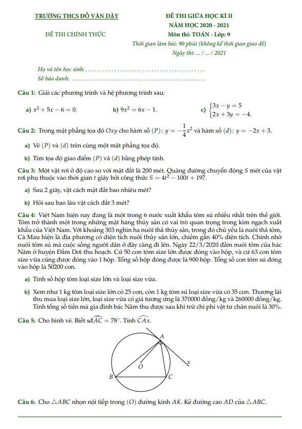 Đề thi giữa học kì 2 (HK2) lớp 9 môn Toán năm 2020 2021 trường THCS Đỗ Văn Dậy TP HCM