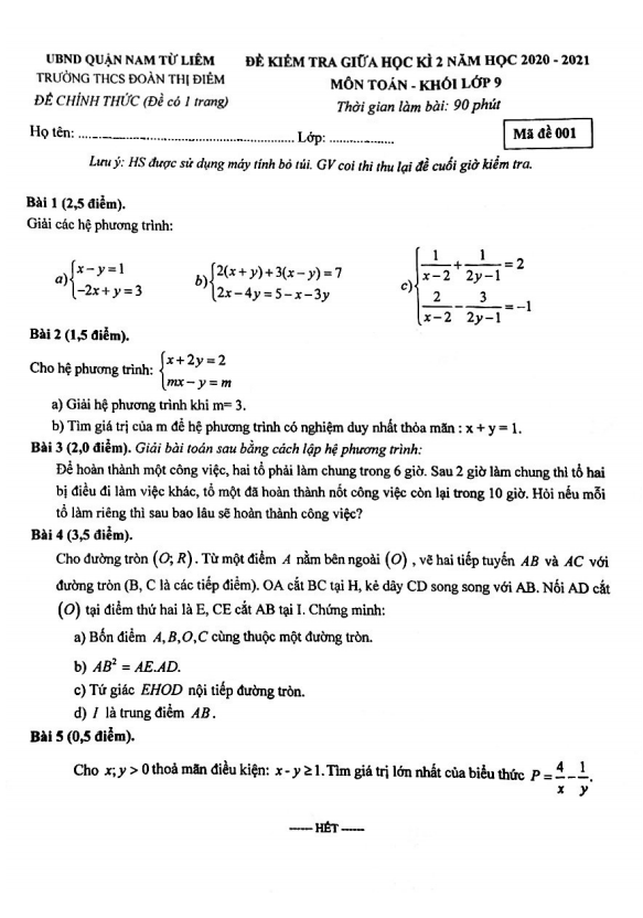 Đề thi giữa học kì 2 (HK2) lớp 9 môn Toán năm 2020 2021 trường THCS Đoàn Thị Điểm Hà Nội