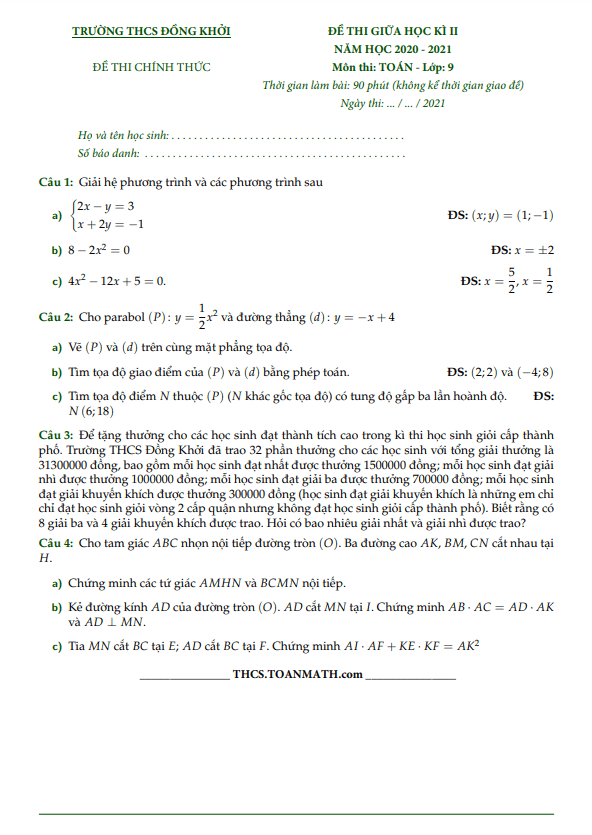 Đề thi giữa học kì 2 (HK2) lớp 9 môn Toán năm 2020 2021 trường THCS Đồng Khởi TP HCM