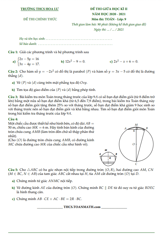 Đề thi giữa học kì 2 (HK2) lớp 9 môn Toán năm 2020 2021 trường THCS Hoa Lư TP HCM