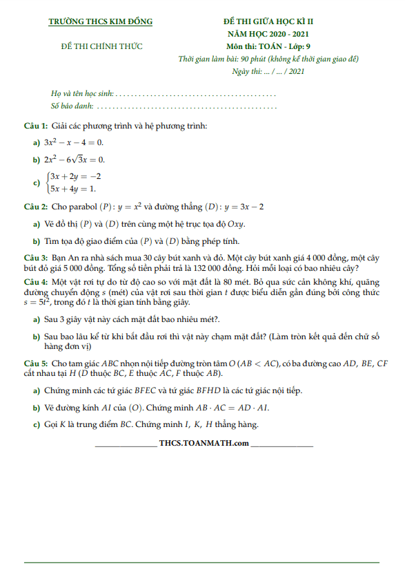 Đề thi giữa học kì 2 (HK2) lớp 9 môn Toán năm 2020 2021 trường THCS Kim Đồng TP HCM