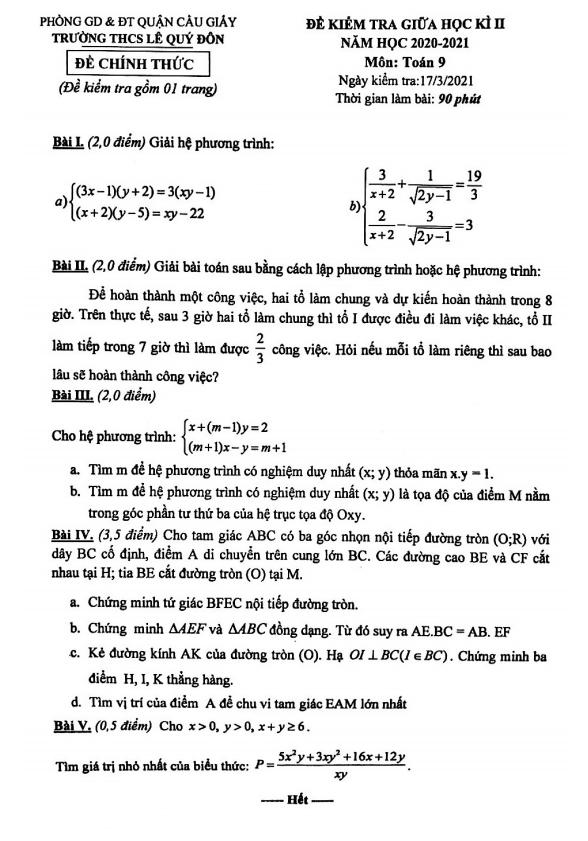 Đề thi giữa học kì 2 (HK2) lớp 9 môn Toán năm 2020 2021 trường THCS Lê Quý Đôn Hà Nội